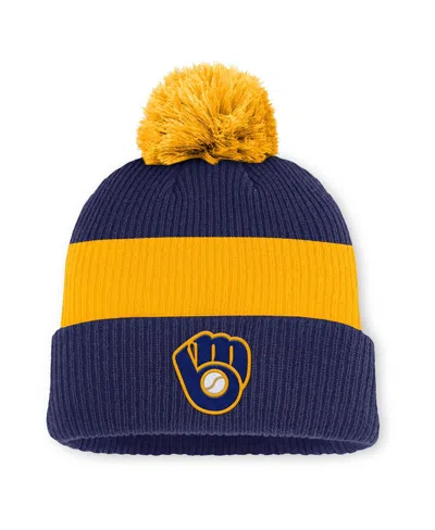 Nike Blue/gold Milwaukee Brewers Cooperstown Collection Peak Standard Cuffed Knit Hat With Pom