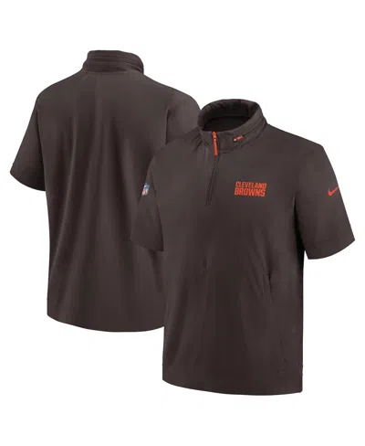 Nike Men's Brown Cleveland Browns 2024 Sideline Coach Short Sleeve Half-zip Hoodie Jacket In Brown,orange