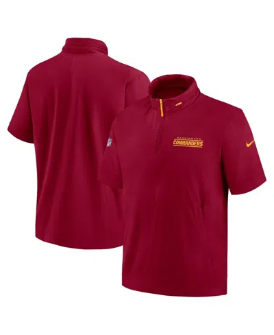Nike Men's Burgundy Washington Commanders 2024 Sideline Coach Short Sleeve Half-zip Hoodie Jacket In Burgundy,gold