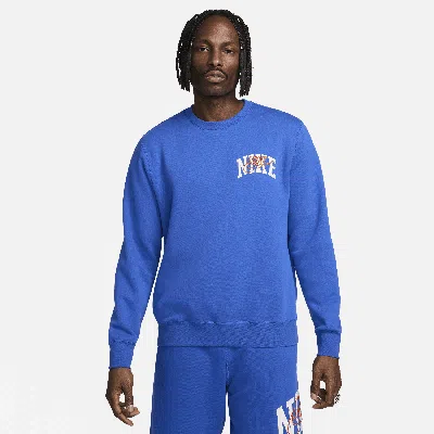 Nike Men's Club Fleece Long-sleeve Crew-neck Sweatshirt In Game Royal/safety Orange