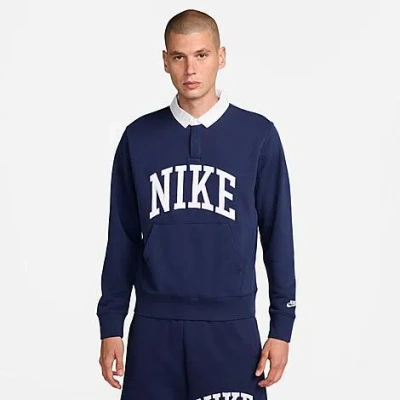 Nike Men's Club Fleece Long-sleeve Fleece Polo Shirt In Midnight Navy/white
