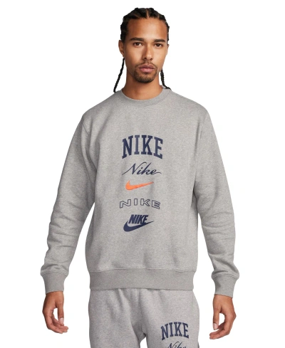 Nike Men's Club Fleece Stacked Logo-print Brushed Fleece Sweatshirt In Dk Grey Heather,safety Orange