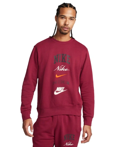 Nike Men's Club Fleece Stacked Logo-print Brushed Fleece Sweatshirt In University Red,white,black,(white)