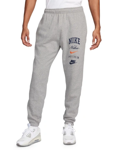 Nike Men's Club Fleece Stacked Logo-print Cuffed Pants In Dk Grey Heather,safety Orange