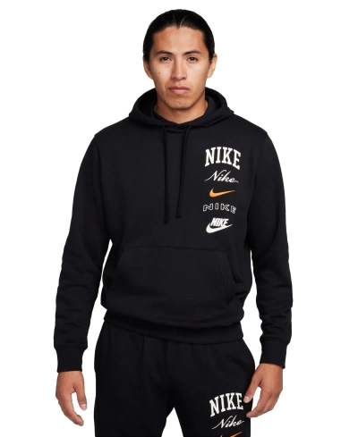 Nike Men's Club Fleece Stacked Logo-print Hoodie In Black,sail,safety Orange