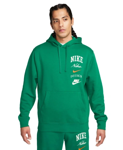 Nike Men's Club Fleece Stacked Logo-print Hoodie In Malachite,sail,safety Orange