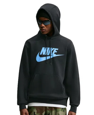 Nike Men's Club Fleece Standard-fit Logo-print Hoodie In Black,football Blue