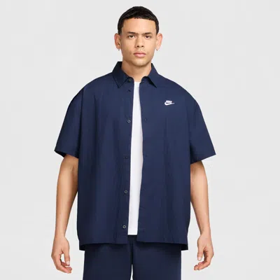 Nike Club Venice Short Sleeve Drawstring Hem Cotton Button-up Shirt In Midnight Navy/white