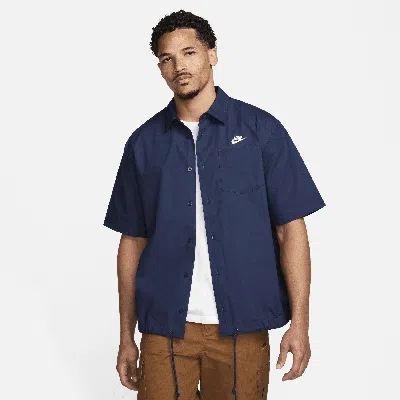 Nike Club Venice Short Sleeve Drawstring Hem Cotton Button-up Shirt In Blue