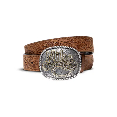 Nike Men's Country Rhinestone Plaque Buckle Embossed Leather Belt In Brown