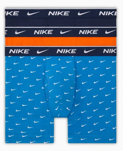 Nike Men's Dri-fit Essential Cotton Stretch Boxer Briefs, 3-pack In Brilliant Blue Swoosh Print,safety Oran
