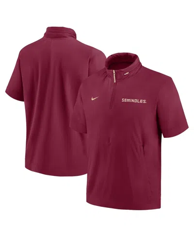 Nike Men's Garnet Florida State Seminoles 2024 Sideline Coach Short Sleeve Half-zip Hoodie Jacket In Garnet,gold