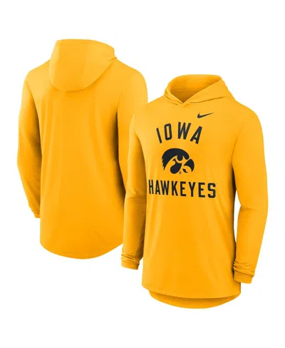NIKE MEN'S GOLD IOWA HAWKEYES CLASSIC ARCH TRI-BLEND PERFORMANCE LONG SLEEVE HOODIE T-SHIRT