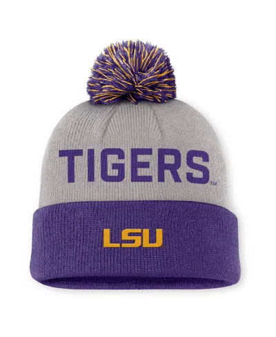 Nike Men's Gray/purple Lsu Tigers Primetime Peak Cuffed Knit With Pom Hat