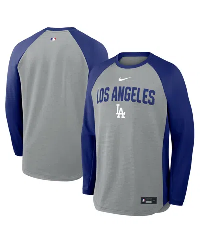 Nike Men's Heather Charcoal Los Angeles Dodgers Authentic Collection Raglan Dri-fit Sweatshirt