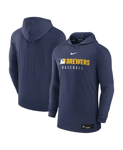 NIKE MEN'S HEATHER NAVY MILWAUKEE BREWERS AUTHENTIC COLLECTION TRI-BLEND PERFORMANCE PULLOVER HOODIE