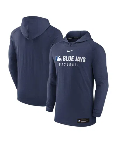 NIKE MEN'S HEATHER NAVY TORONTO BLUE JAYS AUTHENTIC COLLECTION TRI-BLEND PERFORMANCE PULLOVER HOODIE