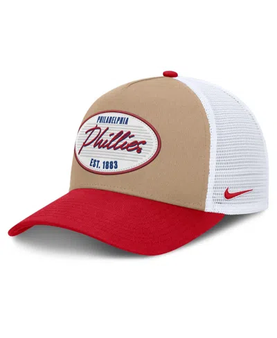 Nike Men's Khaki/red Philadelphia Phillies Rise A-frame Trucker Adjustable Hat In Khaki,red