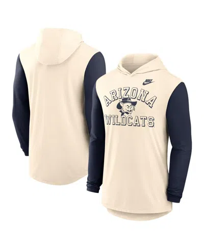NIKE MEN'S NATURAL/NAVY ARIZONA WILDCATS LEGACY COLOR BLOCK TRI-BLEND PERFORMANCE LONG SLEEVE HOODIE T-SH