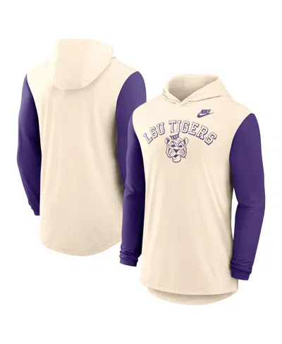 NIKE MEN'S NATURAL/PURPLE LSU TIGERS LEGACY COLOR BLOCK TRI-BLEND PERFORMANCE LONG SLEEVE HOODIE T-SHIRT