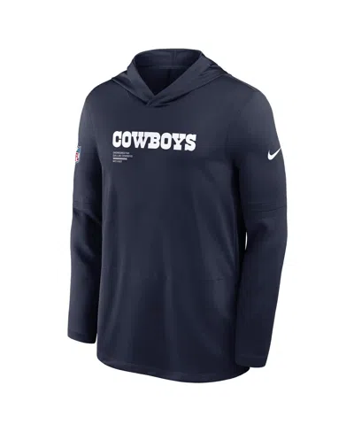 NIKE MEN'S NAVY DALLAS COWBOYS SIDELINE PURE PERFORMANCE LONG SLEEVE HOODIE T-SHIRT