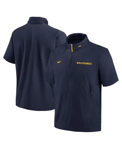 Nike Men's Navy Michigan Wolverines 2024 Sideline Coach Short Sleeve Half-zip Hoodie Jacket In Navy,maize