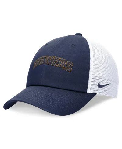 Nike Men's Navy Milwaukee Brewers Evergreen Wordmark Trucker Adjustable Hat In Nk,mn,wh