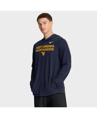 NIKE MEN'S NAVY WEST VIRGINIA MOUNTAINEERS 2025 SIDELINE PERFORMANCE LONG SLEEVE HOODIE T-SHIRT