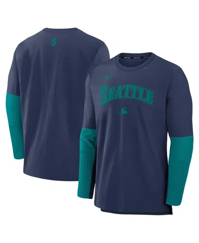 NIKE MEN'S NAVY/AQUA SEATTLE MARINERS AUTHENTIC COLLECTION LIGHTWEIGHT PLAYER TRI-BLEND PERFORMANCE PULLO
