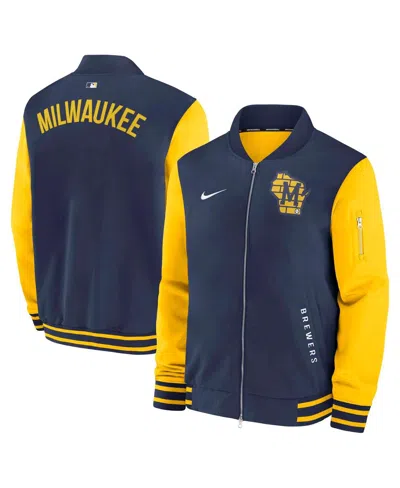 Nike Men's Navy/gold Milwaukee Brewers Authentic Collection Dugout Full-zip Bomber Jacket In Blue