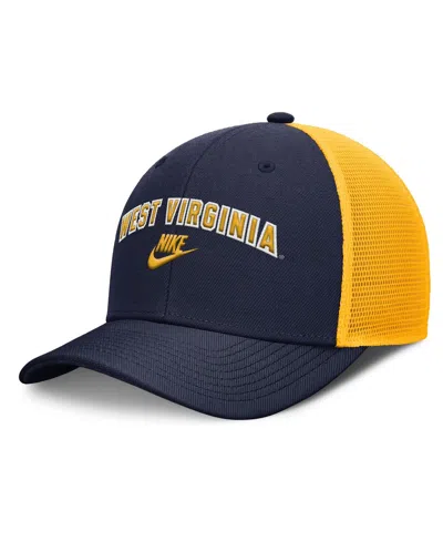 Nike Men's Navy/gold West Virginia Mountaineers Legacy Arch Rise Performance Trucker Adjustable Hat In Multi