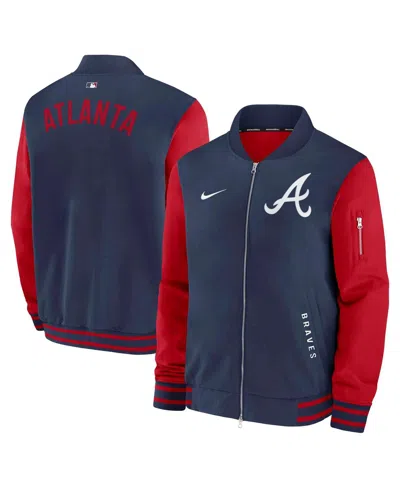 NIKE MEN'S NAVY/RED ATLANTA BRAVES AUTHENTIC COLLECTION DUGOUT FULL-ZIP BOMBER JACKET