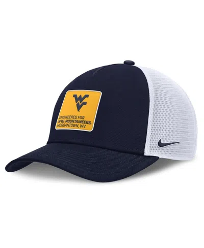 NIKE MEN'S NAVY/WHITE WEST VIRGINIA MOUNTAINEERS 2025 ON-FIELD RISE ENGINEERED TRUCKER ADJUSTABLE HAT