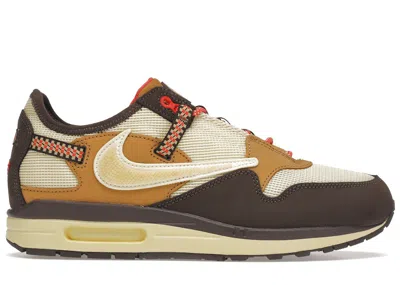 Pre-owned Nike Men's  Air Max 1 Travis Scott Cactus Jack Sneakers In Baroque Brown/lemon Drop/wheat