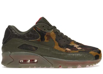 Pre-owned Nike Men's  Air Max 90 Camo Croc Sneakers In Cargo Khaki/university Red