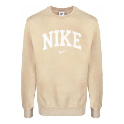 Nike Men's  Arch Brand Logo Printing Tie Dye Round Neck Pullover Long Sleeves Beige