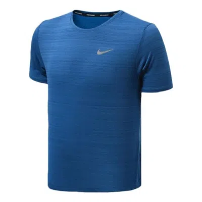 Nike Men's  Dri-fit Miler Solid Color Logo Luminous Crew Neck Running Short Sleeve Blue T-shirt