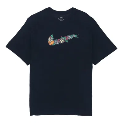 Nike Men's  Flowers Large Logo Casual Sports Solid Color Round Neck Short Sleeve Black T-shirt In Blue
