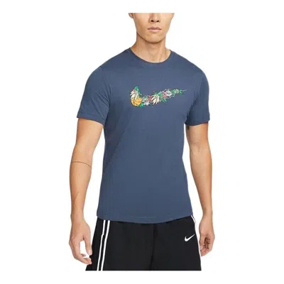 Nike Men's  Flowers Large Logo Casual Sports Solid Color Round Neck Short Sleeve Flash Blue T-shirt