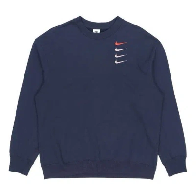 Nike Men's  French Terry Swoosh 4 Embroidered Round Neck Sports Pullover Autumn Navy Blue