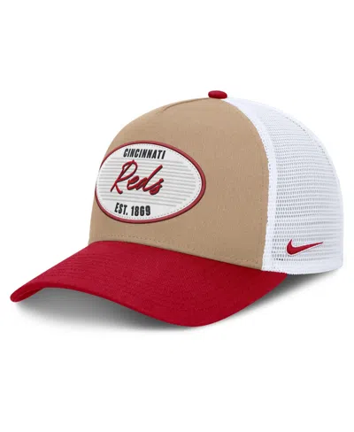 Nike Men's  Khaki/red Cincinnati Reds Rise A-frame Trucker Adjustable Hat In Khaki,red