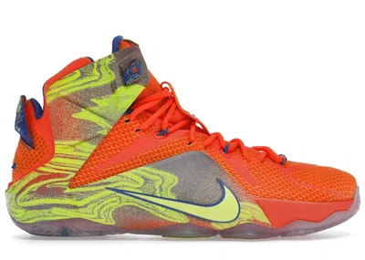 Pre-owned Nike Men's  Lebron 12 Six Meridians Sneakers In Hyper Crimson/volt/metallic Cool Grey