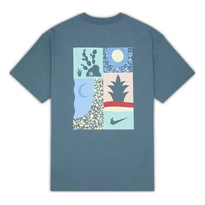 Nike Men's  Loose Alphabet Logo Geometry Pattern Printing Sports Short Sleeve Gray Green T-shirt In Blue