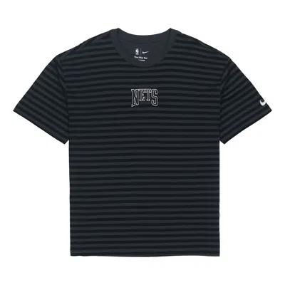 Nike Men's  Nba Brooklyn Nets Casual Sports Loose Alphabet Stripe Short Sleeve Black T-shirt