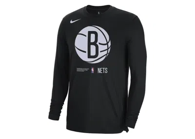 Pre-owned Nike Men's  Nba Brooklyn Nets Drifit Loose Fit Long Sleeve T-shirt In Black