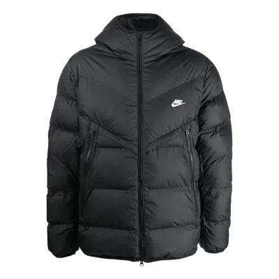 Nike Men's  Solid Color Zipper Pocket Logo Printing Hooded Down Jacket Black