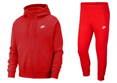 Pre-owned Nike Men's  Sportswear Club Fleece Fullzip Hoodie & Joggers Set In University Red/white