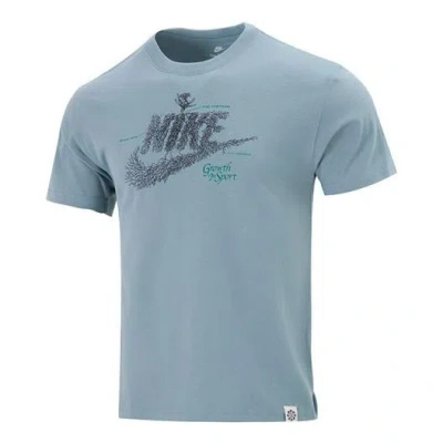 Nike Men's  Sportswear Plant Flowers Logo Printing Sports Round Neck Short Sleeve Gray Blue T-shirt