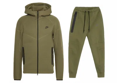 Pre-owned Nike Men's  Sportswear Tech Fleece Windrunner Full Zip Hoodie & Joggers Set In Medium Olive/black