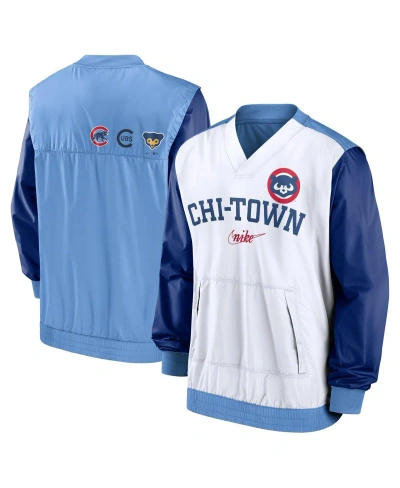 Nike Men's  White, Light Blue Chicago Cubs Rewind Warmup V-neck Pullover Jacket In White,light Blue